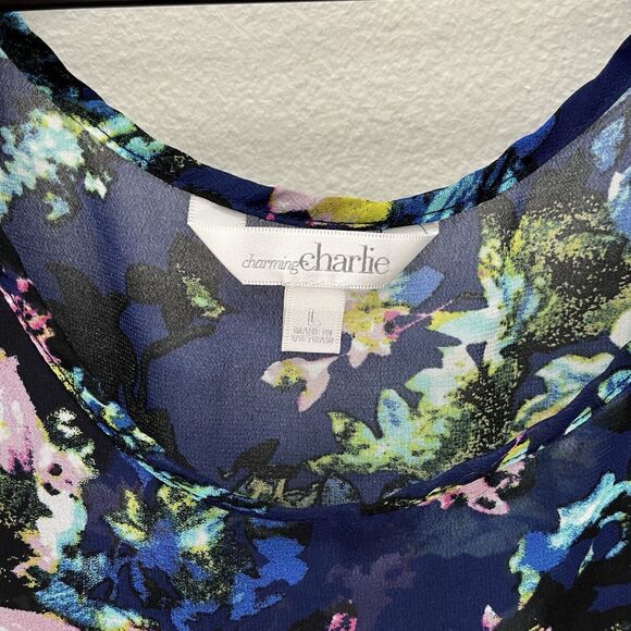 Charming Charlie | Navy Blue Floral Print Chiffon Long Sleeve Top Large Prairie - Picture 3 of 5